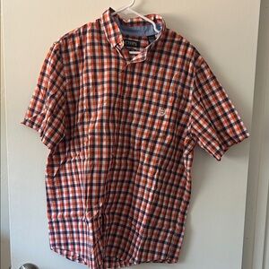 Chaps Men's Vibrant Orange and Blue Plaid Shirt